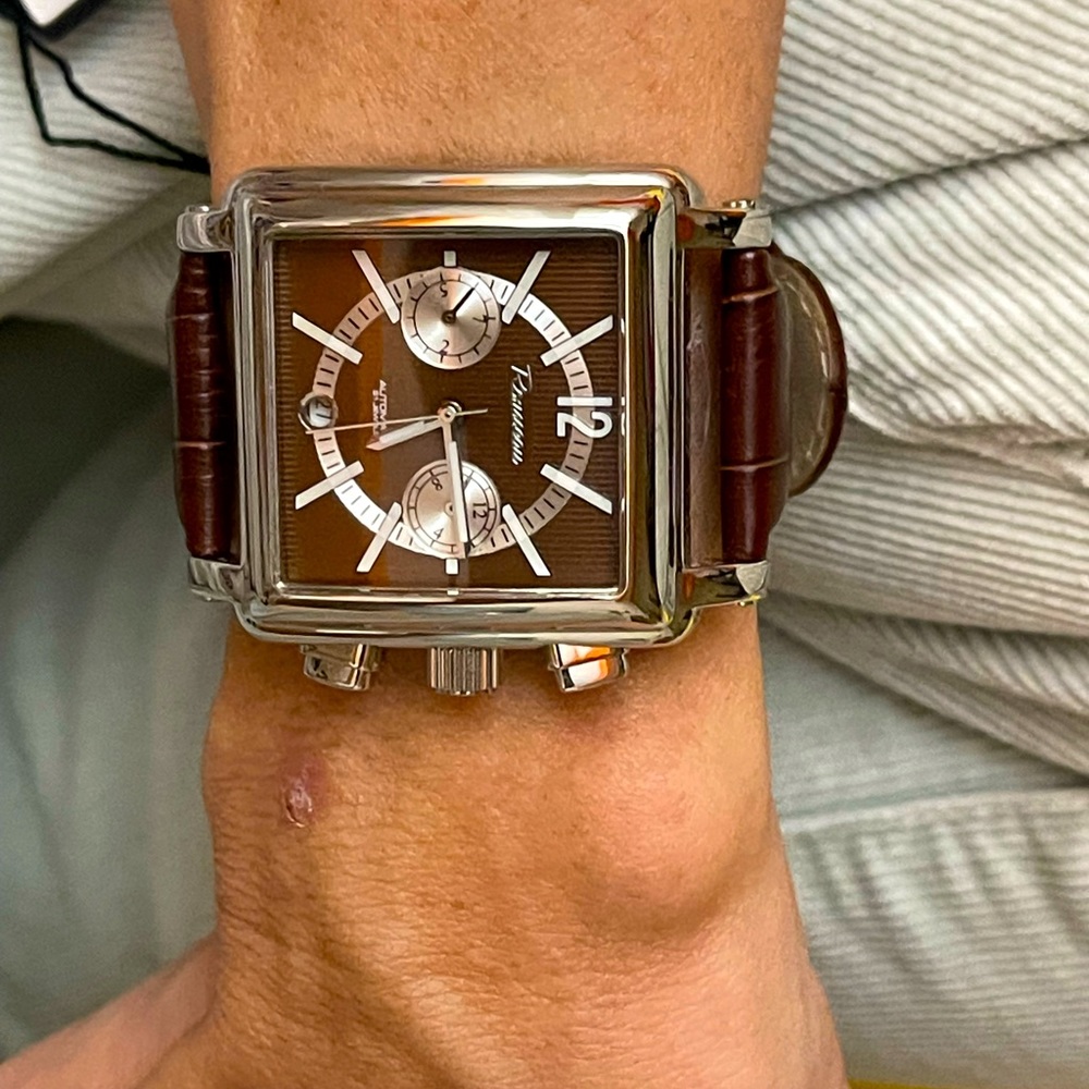 🪐Superlative🪐 NWT Rousseau Square Tank Retro Deco Automatic BROWN Watch DATE